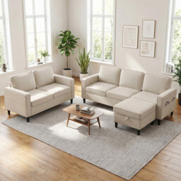 3+2 Seater Convertible Linen Sectional Sofa Set with Storage Ottoman