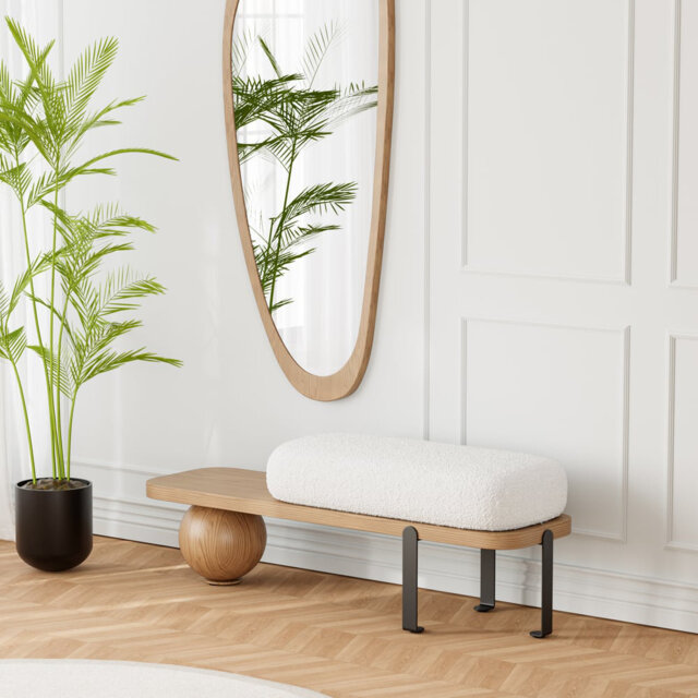 Natural & Black Wooden Entryway Bench Fleece Upholstered With Abstract Metal Legs