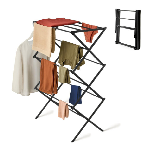 Black 3-Tier Expandable Clothes Airer – 10Kg Heavy-Duty Foldable Drying Rack With Rust-Resistant Coating & Non-Slip Feet