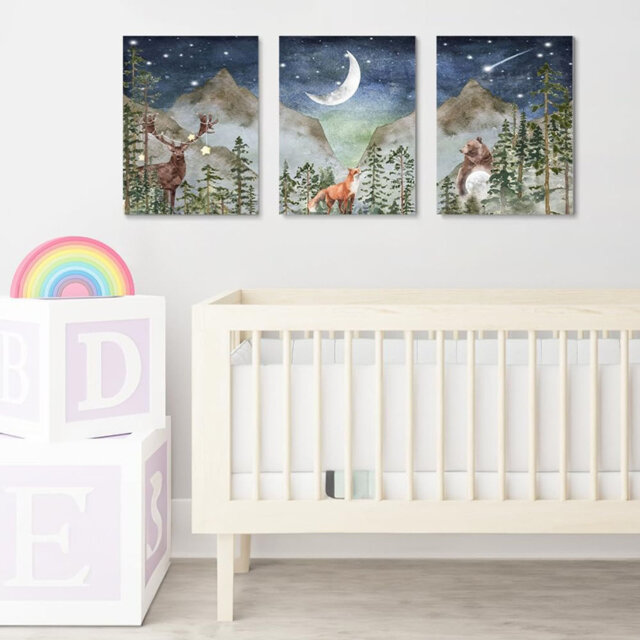 Boho Nursery Wall Decor, Wild Forest Kids Wall Art, Star Night Moon Netural Mountain Wall Art, Fairy Animals Nursery Decor, Nature Prints, Set 3 Frame