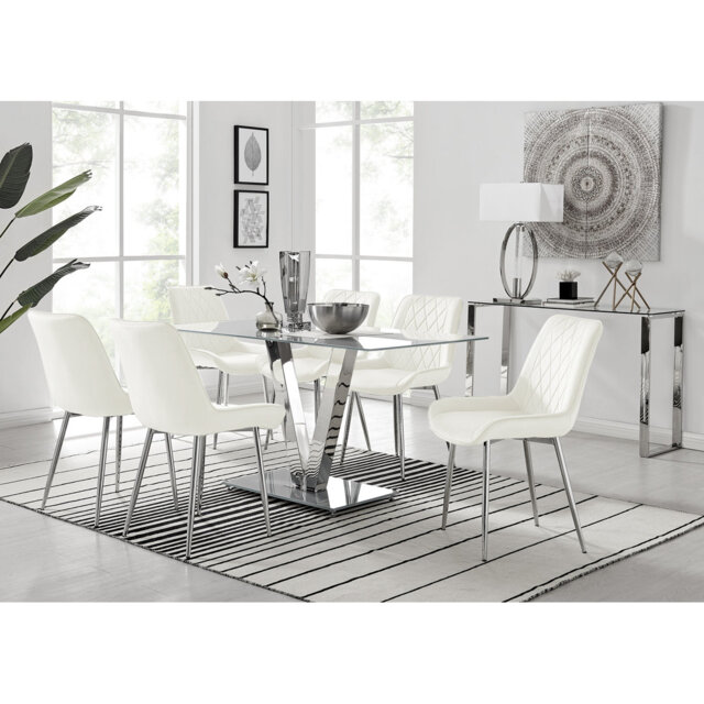 Ransart Modern Luxury Glass & Metal Dining Table Set With 6 Luxury Velvet Dining Chairs