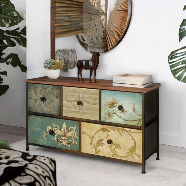 5 Fabric Drawer Bedroom Dresser With Floral Patterns Storage Organiser