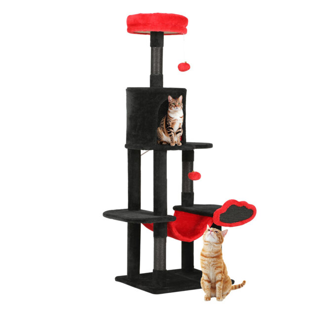Cat Climbing Tree With Hammock, Scratching Posts, Two Dangling Balls, And Plush Hideaway, Cat Tower For Apartment