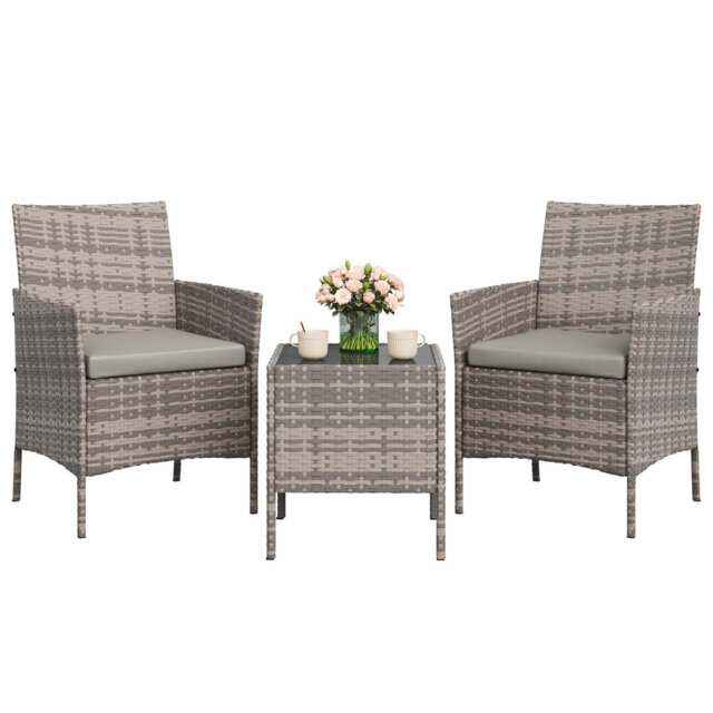 3 Pieces Patio Furniture Set, Rattan Outdoor Furniture with 2 Upholstered Chairs and Coffee Table, Conversation Bistro Set for Garden, Backyard, Porch
