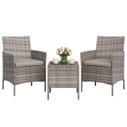 3 Pieces Patio Furniture Set, Rattan Outdoor Furniture with 2 Upholstered Chairs and Coffee Table, Conversation Bistro Set for Garden, Backyard, Porch
