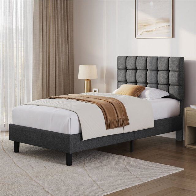 Size Modern Upholstered Bed Frame with Adjustable Square Tufted Headboard
