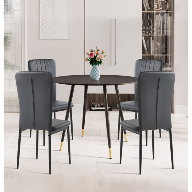Basim Small Round Dining Table In Black Finish With 4 Black Faux Leather Chairs
