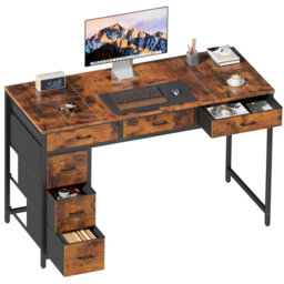 Computer Desk with 6 Drawers, 120Ã50cm Home Office Desk with Fabric Storage, Sturdy Steel Frame, Vintage Wood Grain Writing Table for Bedroom, Living