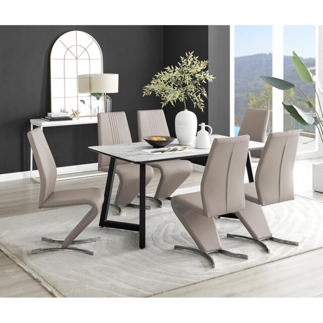 Industrial Design White & Grey Marble Effect Melamine Dining Table Set with 6 Faux Leather Chairs