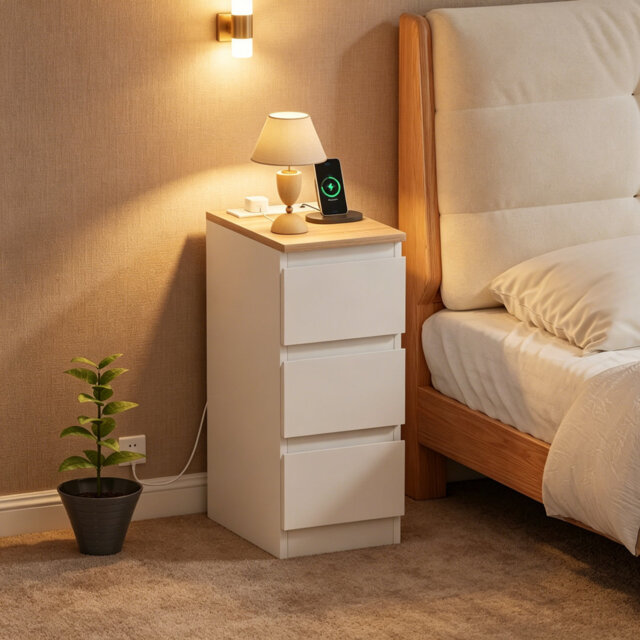 25cm Narrow Bedside Table, Matte White Slim Nightstand with Charging Station & 3 Drawers, Multifunctional Side Cabinet for Bedroom Living Room