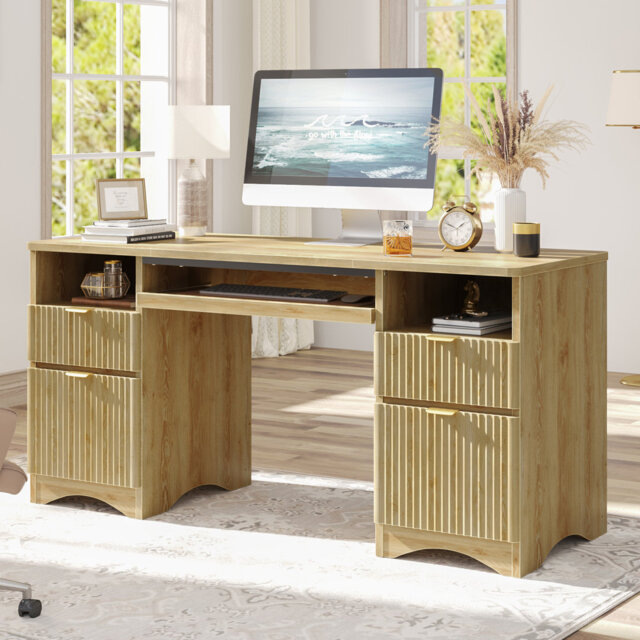 150CM Fluted Executive Desks with 2 Open Compartments, File and Storage Drawers, Computer Writing Desk with Keyboard Tray