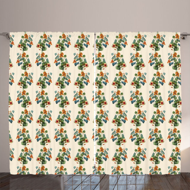 Rustic curtain, fantasy jungle art, nasturtium, jade green pastel green
