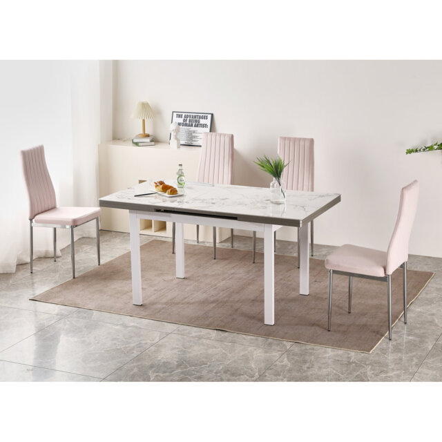 Jade White Sintered Stone Extending Dining Table with 4 Monza Velvet Chairs