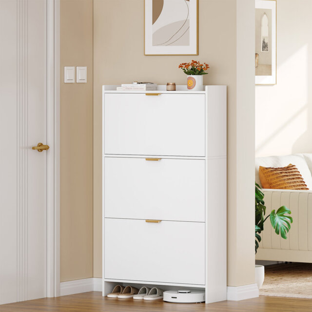 Shoe Storage Cabinet, Wooden Shoe Cabinet with 3 Pull-Down Drawers, Large Capacity, Space-Saving Slim Shoes Cupboards for Hallway, Entryway, Living Ro