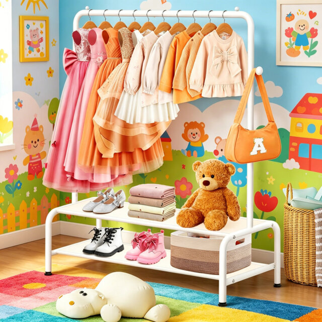 White Freestanding Kids Clothes Rail, Mini Wardrobe with 2 Fabric Shelves, Baby Garment Storage Rack