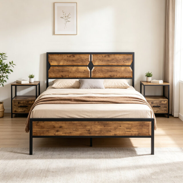 3 Piece Bedroom Set, Industrial Bed Frame with 2 Nightstands Set, Metal Platform Bed with Wood Headboard & Footboard, Farmhouse Bedroom Furniture Set
