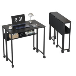 Space-Saving Folding Desk with Storage Shelf and Wheels – Sturdy Collapsible Computer Table – Easy Assembly – Compact Portable Writing Workstation for