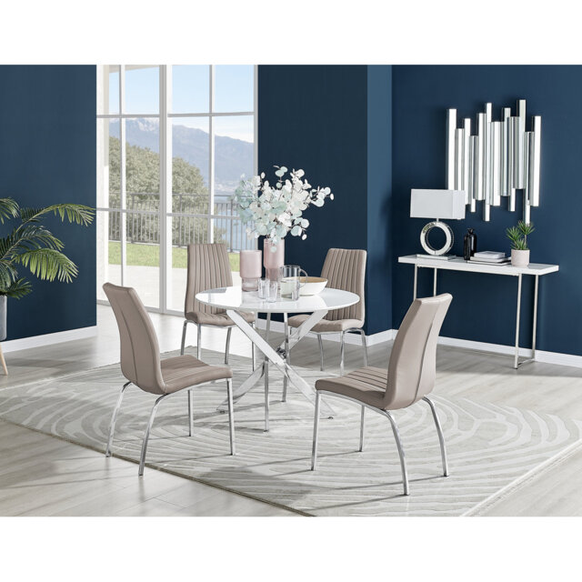 Tierra Modern Chrome Metal & Glass Round Dining Table Set with 4 Soft Touch Faux Leather Chairs