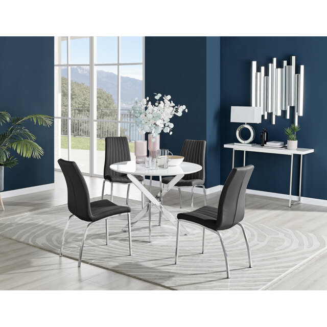 Tierra Modern Chrome Metal & Glass Round Dining Table Set with 4 Soft Touch Faux Leather Chairs
