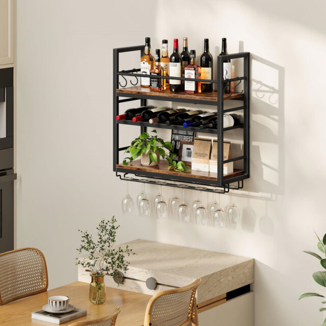 6 Bottle Wall Mounted Wine Bottle & Glass Rack Rustic Brown