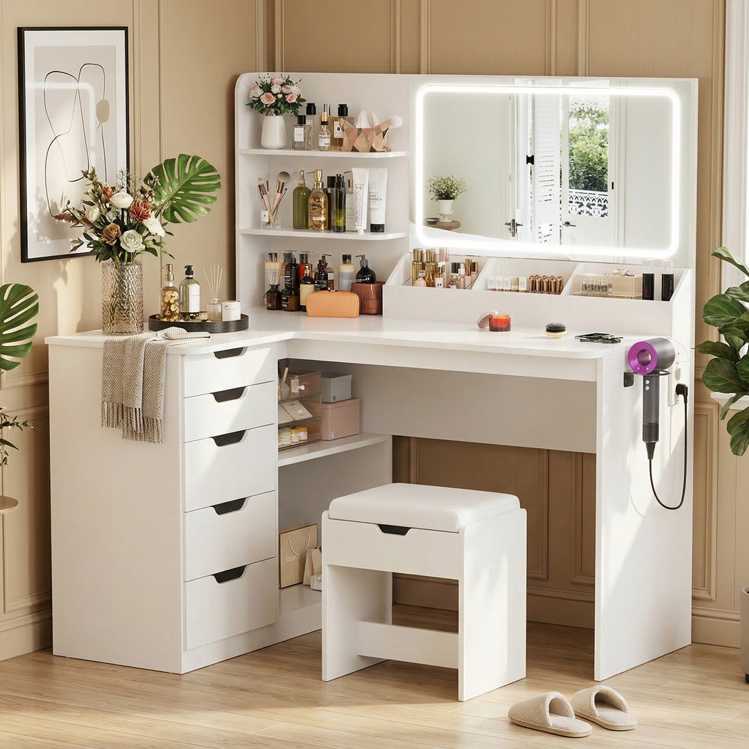120cm White Dressing Table With USB Charge L Shaped Make-up Desk  Multi-storage Vanity With Stool by Wayfair | uFurnish.com