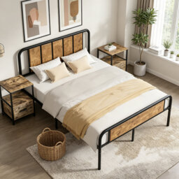 3 Piece Bedroom Set, Industrial Bed Frame with 2 Nightstands Set, Metal Platform Bed with Wood Headboard & Footboard, Farmhouse Bedroom Furniture Set