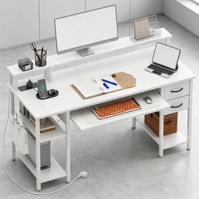 Computer Desk with Drawers, 120 x 50?cm Office Desk with Keyboard Tray, Power Outlet & Monitor Stand, Large Storage Shelf Workstation for Home Study,