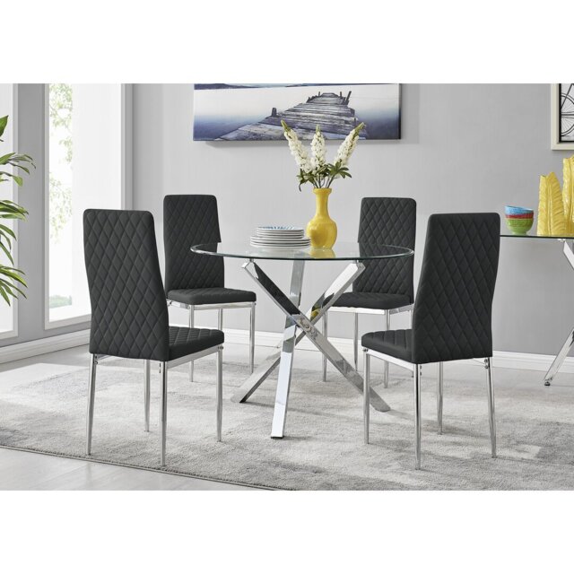 Seline Modern Round Dining Table Set in Glass and Chrome with 4 Quilted Faux Leather Dining Chairs