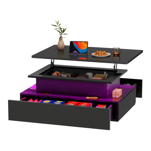 High Gloss Coffee Table With Drawer, Living Room Table Height Adjustable With 16 Colour LED