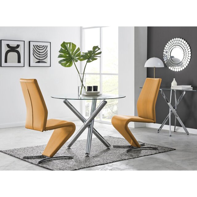 Seline Modern Round Dining Table Set in Glass and Chrome with 2 Modern Design Faux Leather Chairs