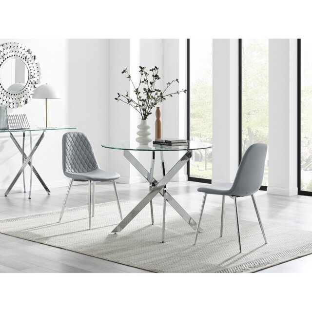 Tierra Modern Chrome Metal & Glass Round Dining Table Set with 2 Luxury Faux Leather Chairs