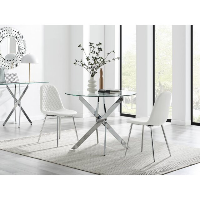 Tierra Modern Chrome Metal & Glass Round Dining Table Set with 2 Luxury Faux Leather Chairs