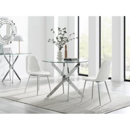 Tierra Modern Chrome Metal & Glass Round Dining Table Set with 2 Luxury Faux Leather Chairs