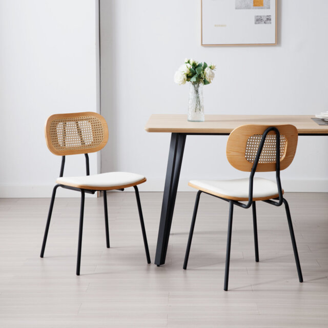 Modern Rattan Dining Chairs Upholstered Faux Leather Dining Room Chairs with Rattan Backrests and Metal Legs Armless Kitchen Chairs for Dining Room