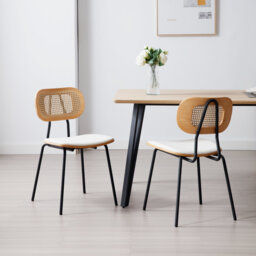 Modern Rattan Dining Chairs Upholstered Faux Leather Dining Room Chairs with Rattan Backrests and Metal Legs Armless Kitchen Chairs for Dining Room