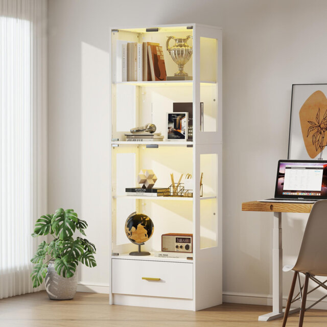 5-Tier Glass Display Cabinet with LED Lights & Adjustable Shelves & 1 Drawer