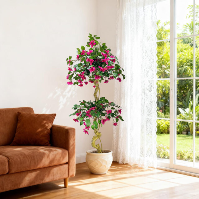 Artificial Bougainvillea Tree in White Pot, Large Fake Pink Flowers Wedding Decor Artificial Flowers for Outdoors Indoor, Faux Plant for Porch Patio L