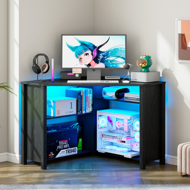 Pentagonal Corner Computer Desk with Charging Station, Adjustable Led Lighting