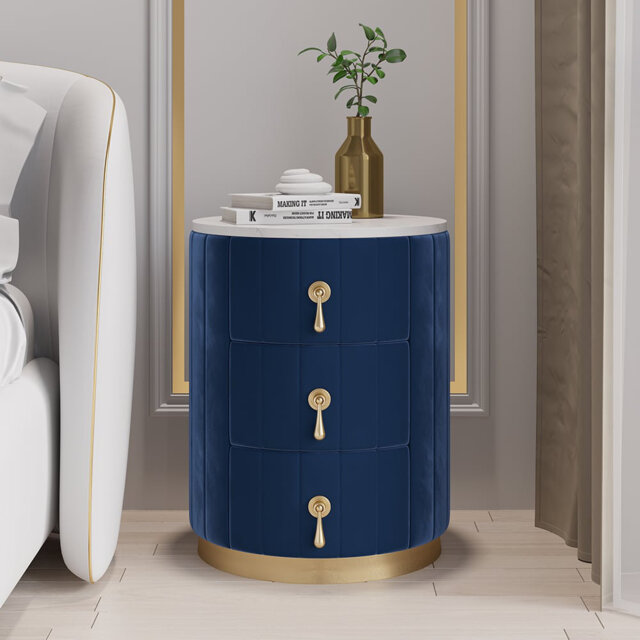 Round Velvet Bedside Table, Sintered Stone Top 3-Drawer Bedside Cabinet, Modern Bedside Drawer