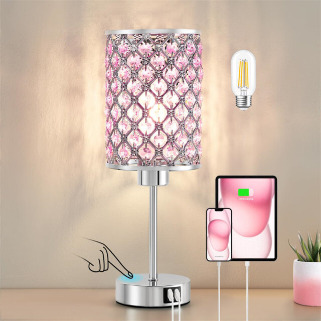Crystal Table Lamp, Touch Lamp With USB C+A Ports, 3-Way Dimmable Lamp With Crystal Shade (Bulb Included)