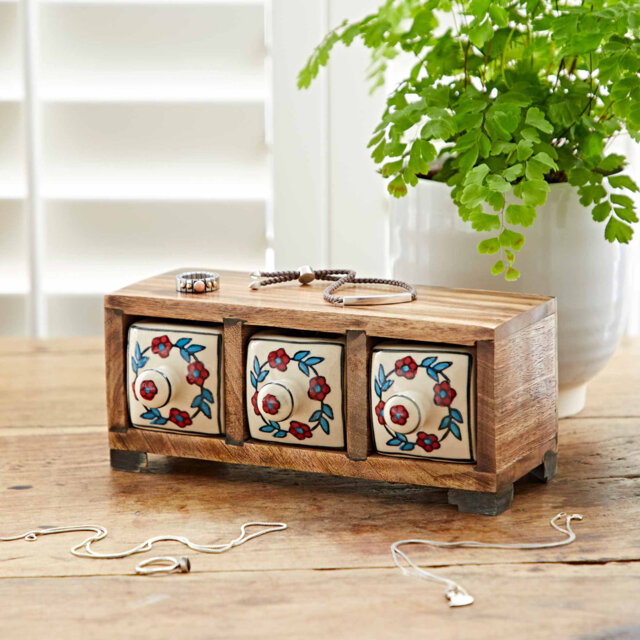 Hand Painted White Floral Ceramic 3 Drawer Chest