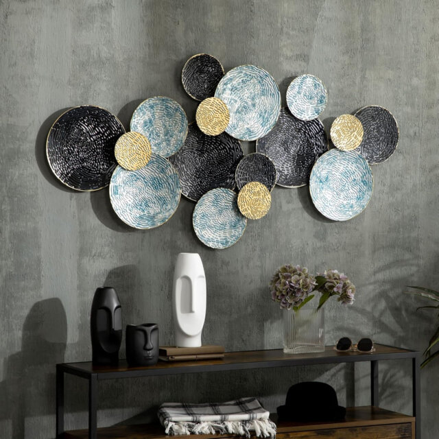 3D Metal Wall Art Modern Circle Hanging Wall Sculptures Home Decor for Living Room Bedroom Dining Room, Blue Black Gold