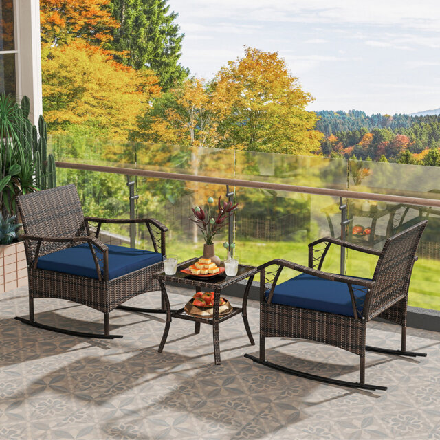 3 Pieces Rocking Bistro Set Outdoor PE Wicker Conversation Set With Cushions