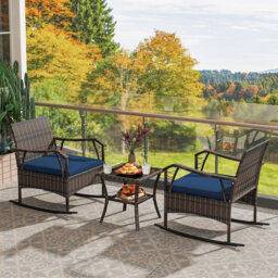 3 Pieces Rocking Bistro Set Outdoor PE Wicker Conversation Set With Cushions
