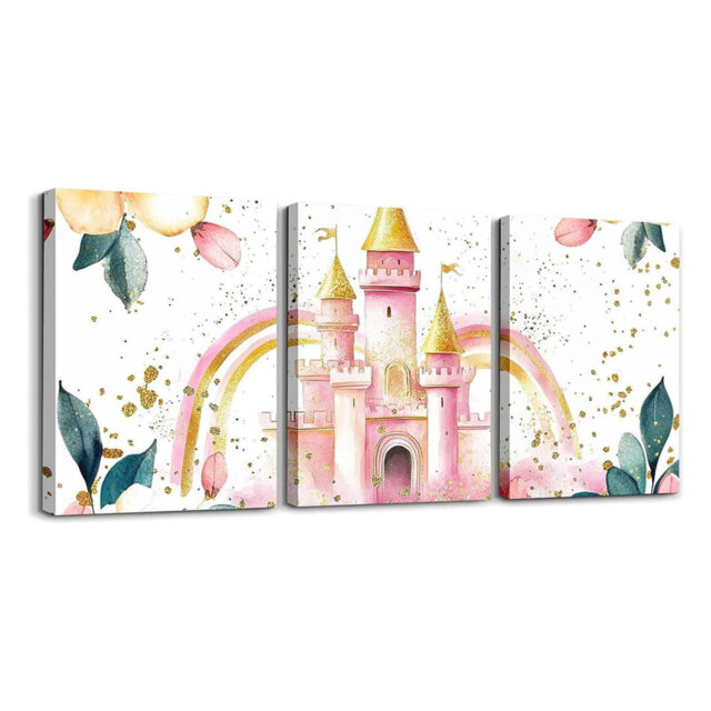 Kids Princess Castle Canvas Wall Art For Living Room Bedroom Pink Floral Picture Wall Decor Boys Girls Castle 3 PCS Wall Painting Princess Decor Room