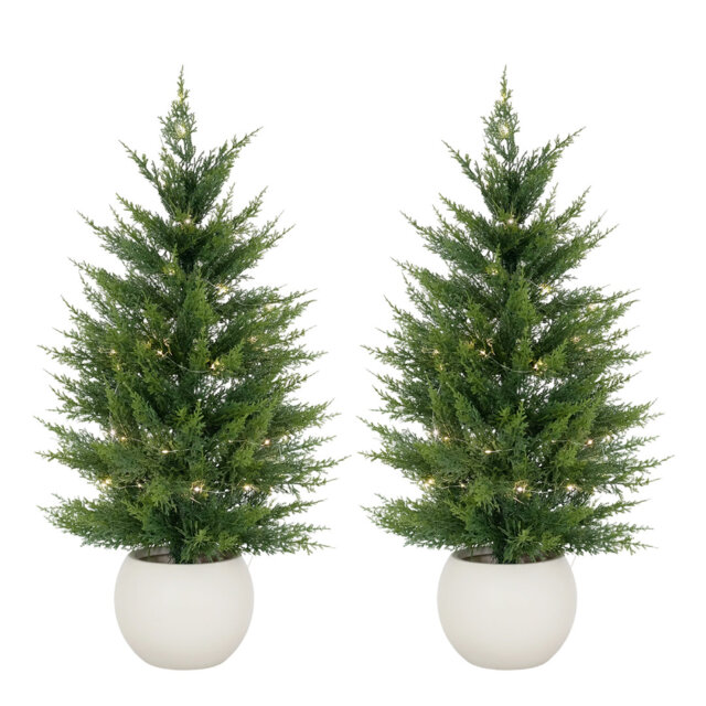 Artificial Cedar Topiary Tree 2-Pack with LED Lights & White Pot, Faux Potted Plants for Indoor Outdoor Décor