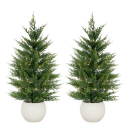 Artificial Cedar Topiary Tree 2-Pack with LED Lights & White Pot, Faux Potted Plants for Indoor Outdoor Décor