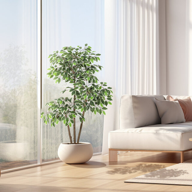 Artificial Ficus Tree ,Tall Faux Floor Plant with White Tall Planter -Fake Plants Fake Silk Tree for Home Decor Indoor with 3 Natural Trunks & White-E