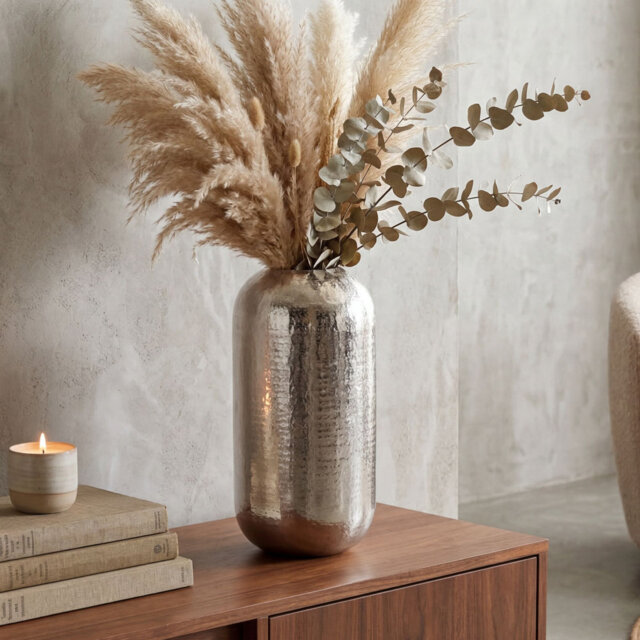 Round Silver Aluminium Floor Vase