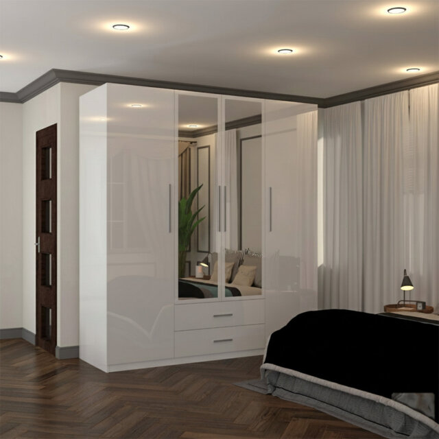 Modern 4 Door High Gloss Wardrobe with Mirror, Storage, Drawers, Shelves & Hanging Rails, White/Black/Grey - Bedroom Cupboard